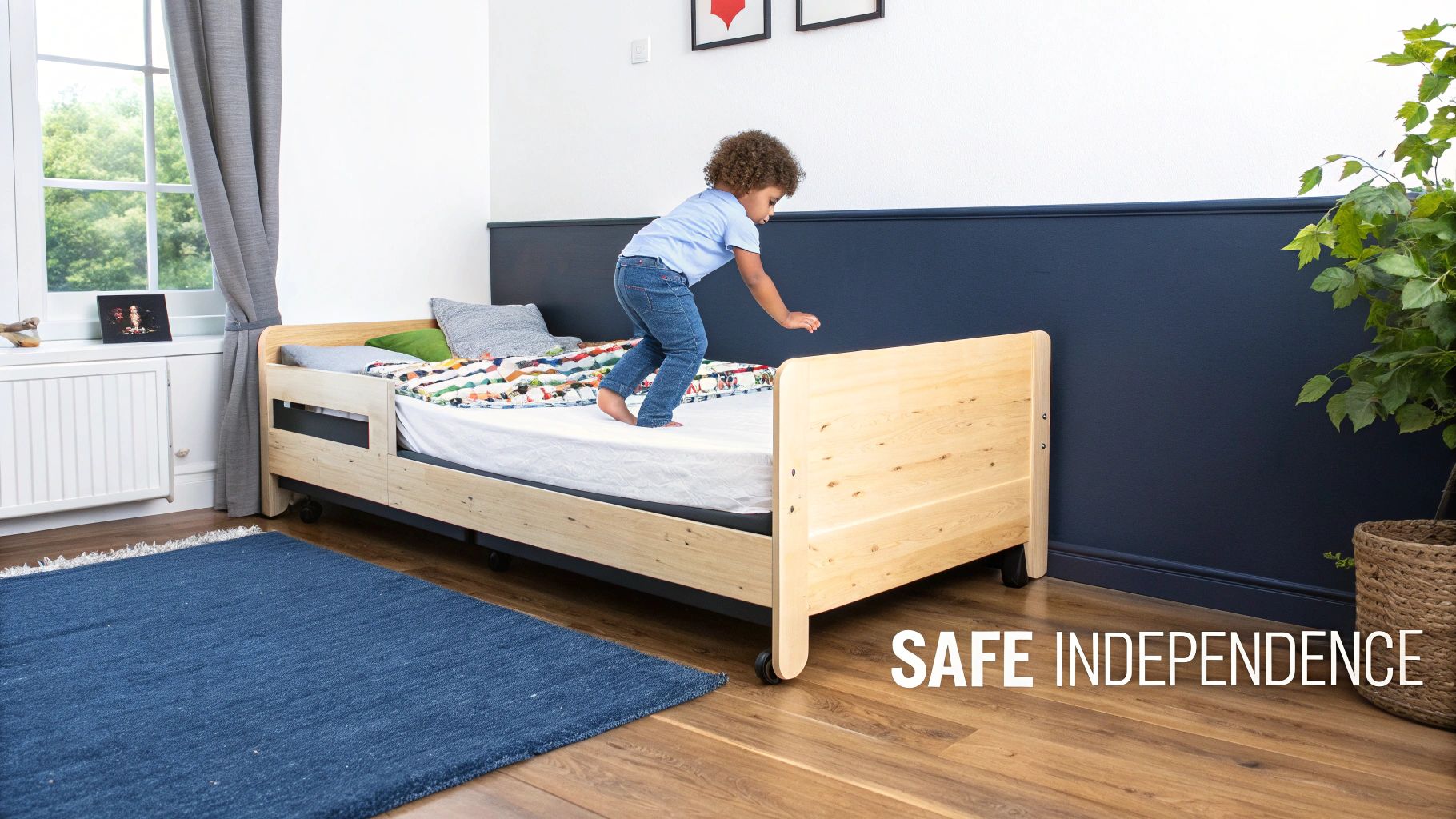 A young child steps onto a low wooden floor bed in a bright room, symbolizing independence.