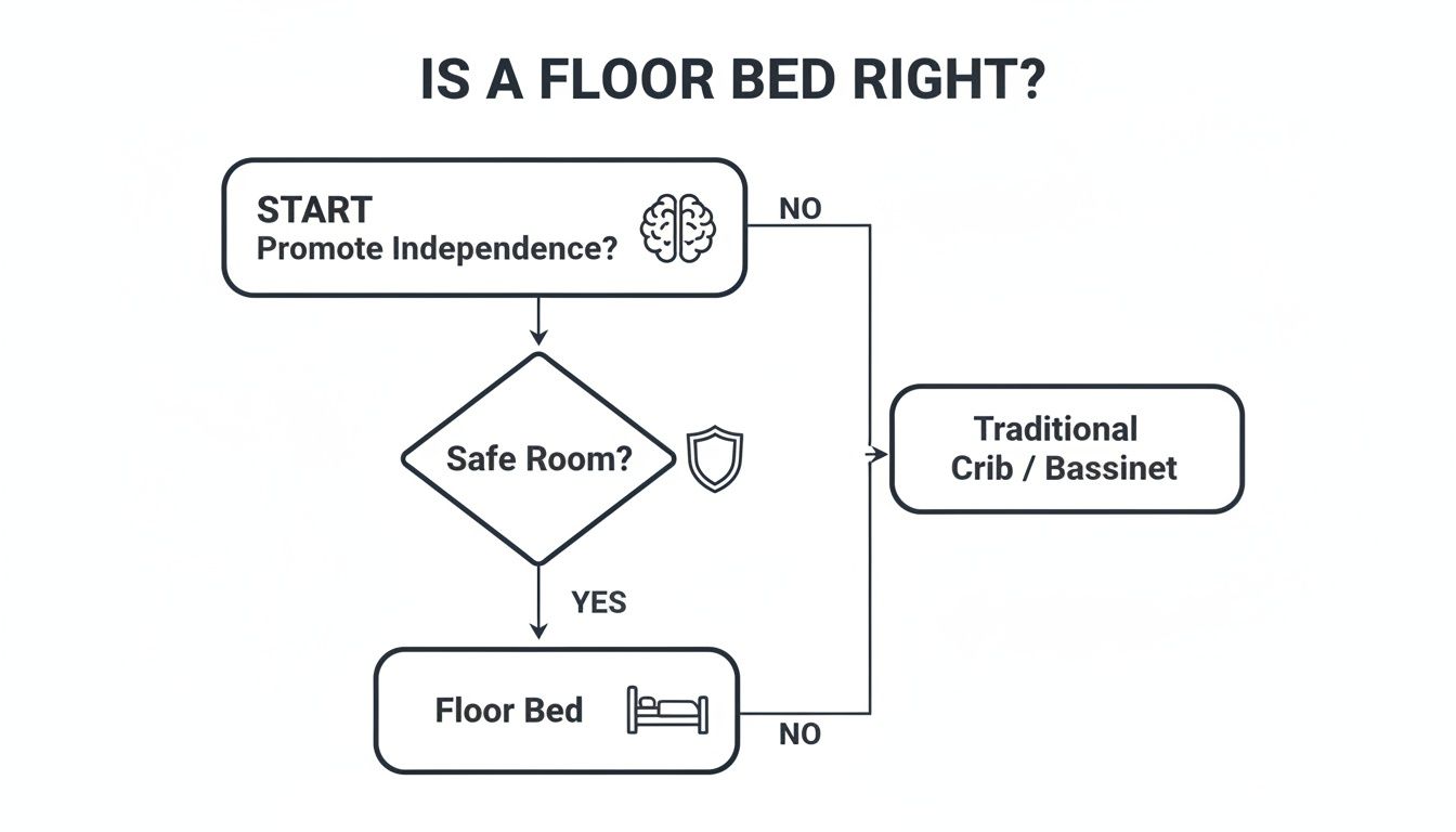 Flowchart guiding the choice between a floor bed and a traditional crib based on independence and room safety.