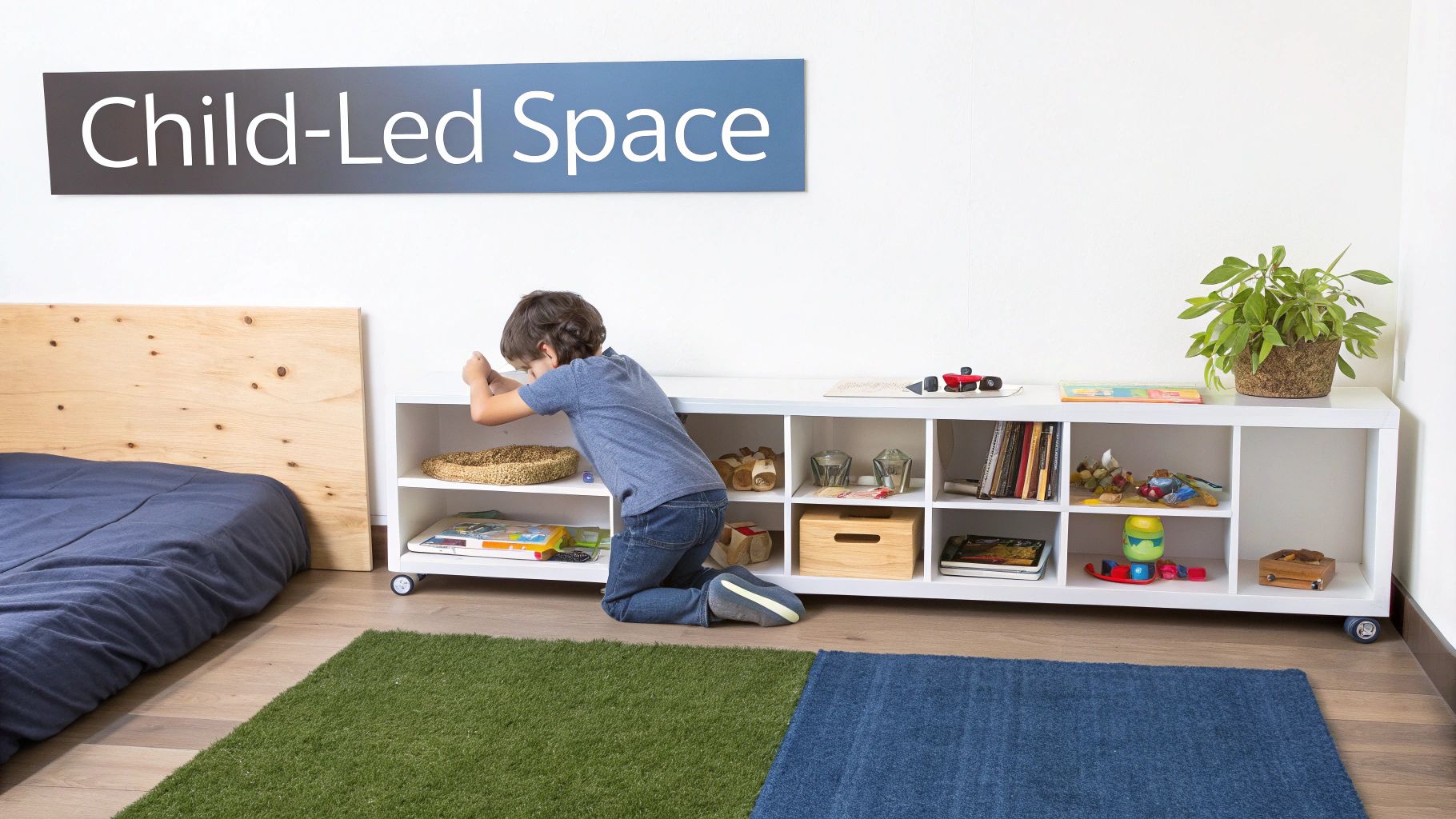 A child kneels in a "Child-Led Space" next to a floor bed, engaging with toys on a white cubby shelf.