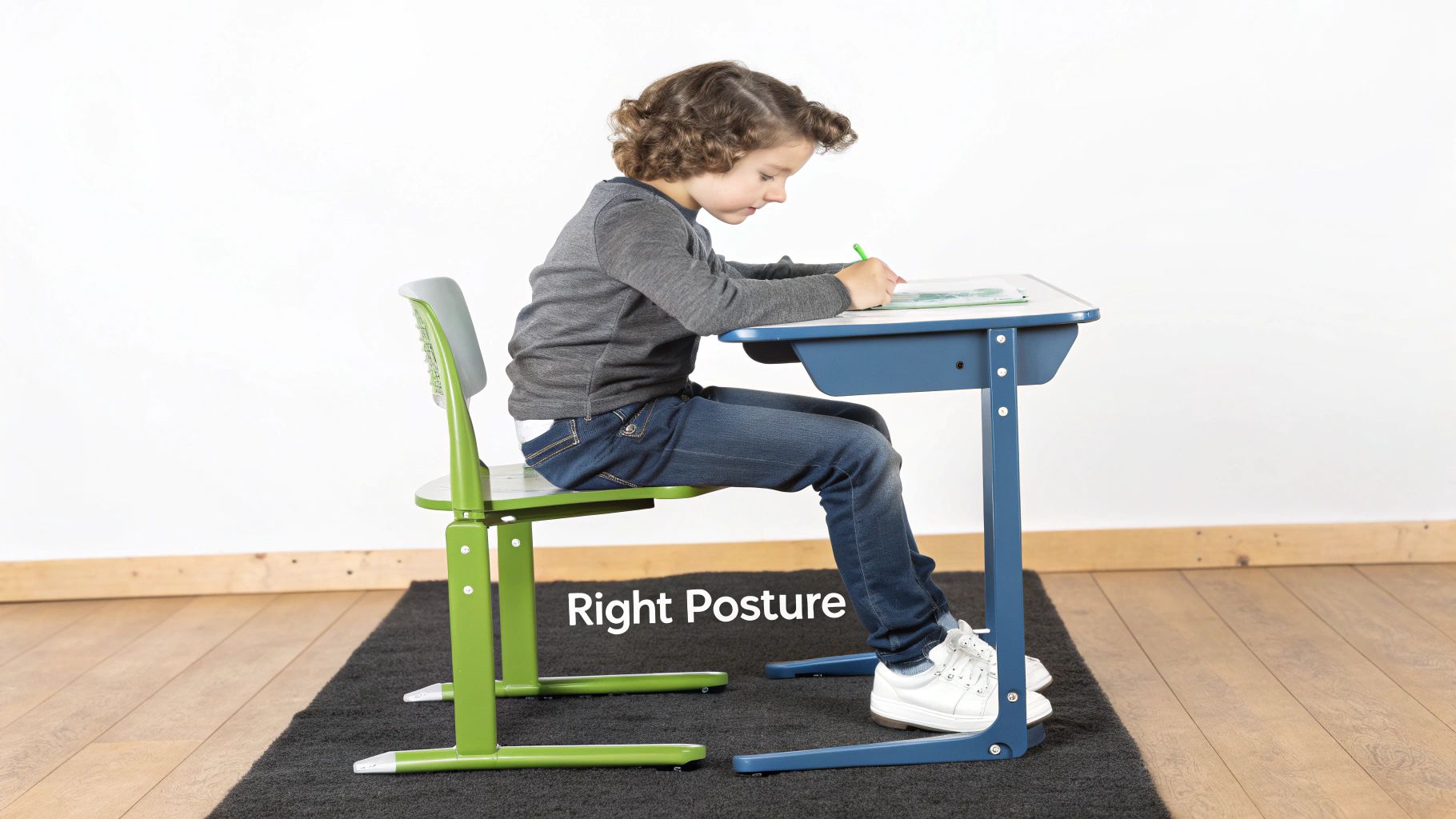 A child sits with perfect posture at an ergonomic kids desk and chair set, demonstrating the 90-90-90 rule.