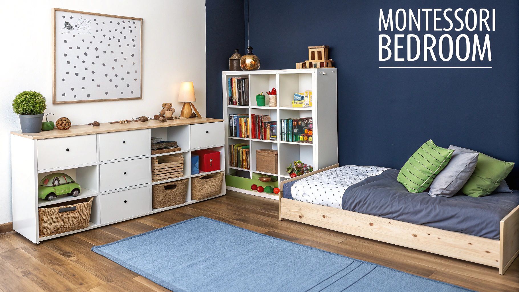 A bright Montessori bedroom featuring a low floor bed, white storage units, bookshelves, and a blue rug.