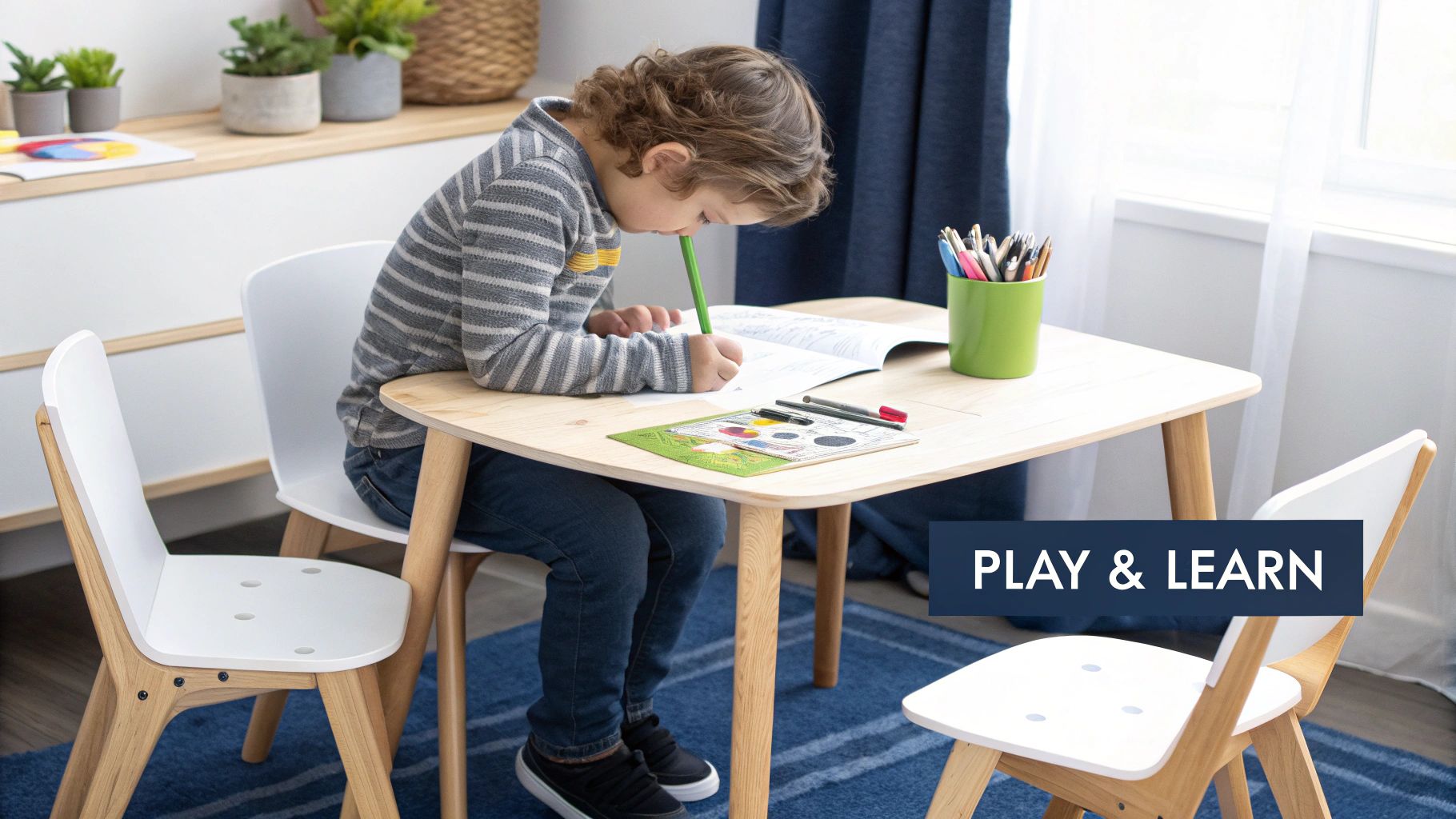A young girl drawing at a wooden kids chair table set, showcasing a creative and focused environment.
