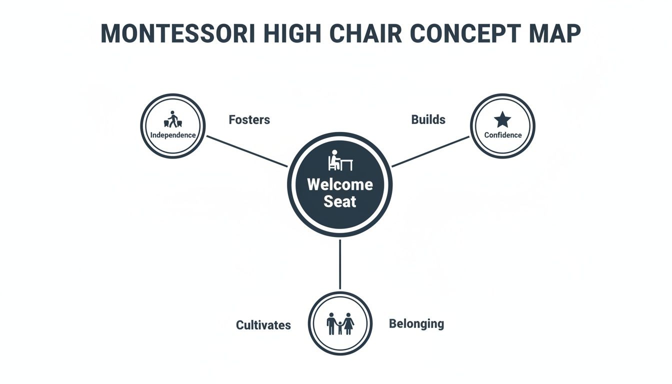 A Montessori high chair concept map showing 'Welcome Seat' fosters independence, builds confidence, and cultivates belonging.