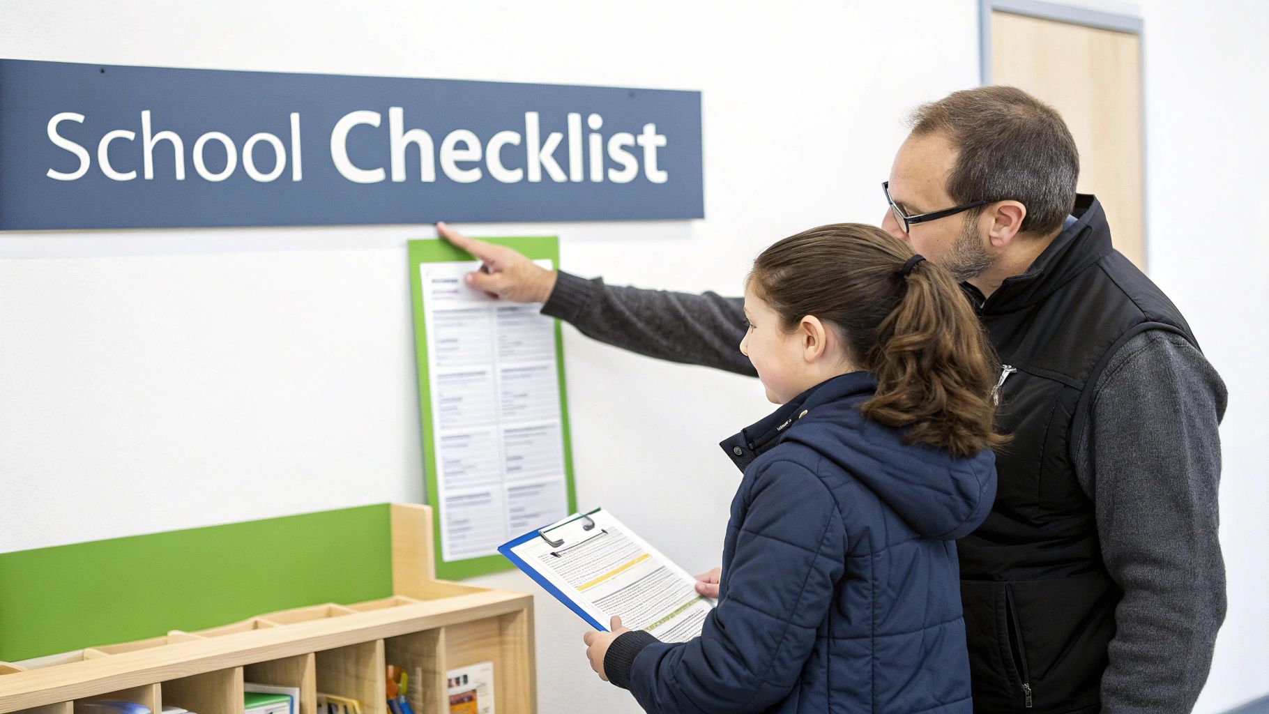 Father and daughter reviewing a school checklist on the wall and a clipboard.