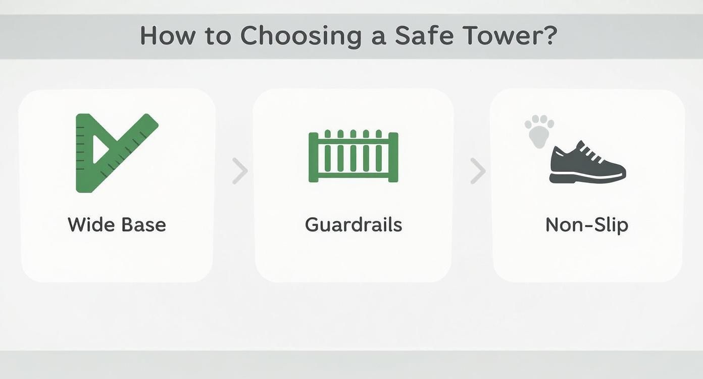 Infographic showing three key safety features for a tower: wide base, guardrails, and non-slip.