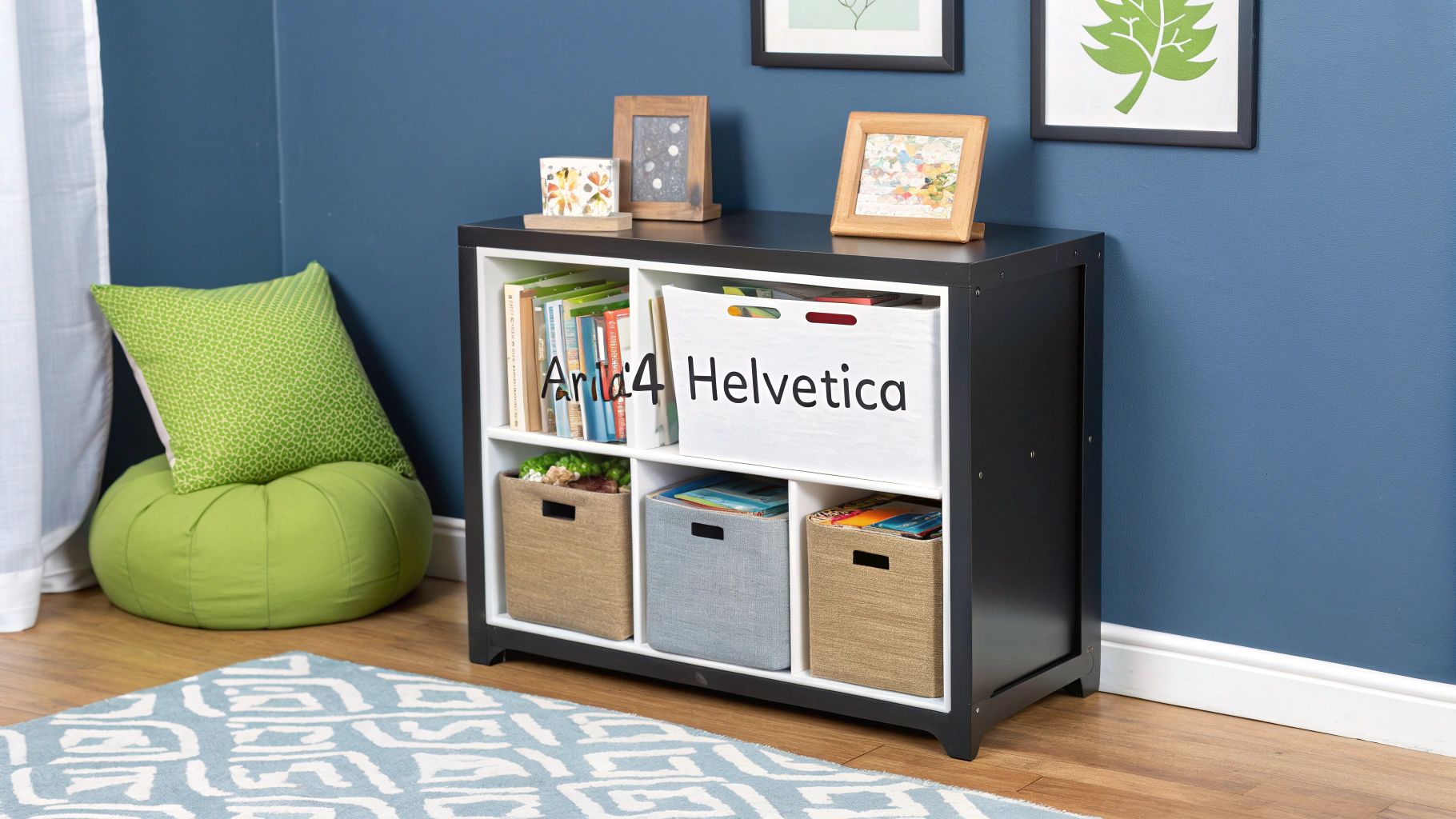 A dark grey bookcase with colorful books and storage bins in a vibrant kids' room.