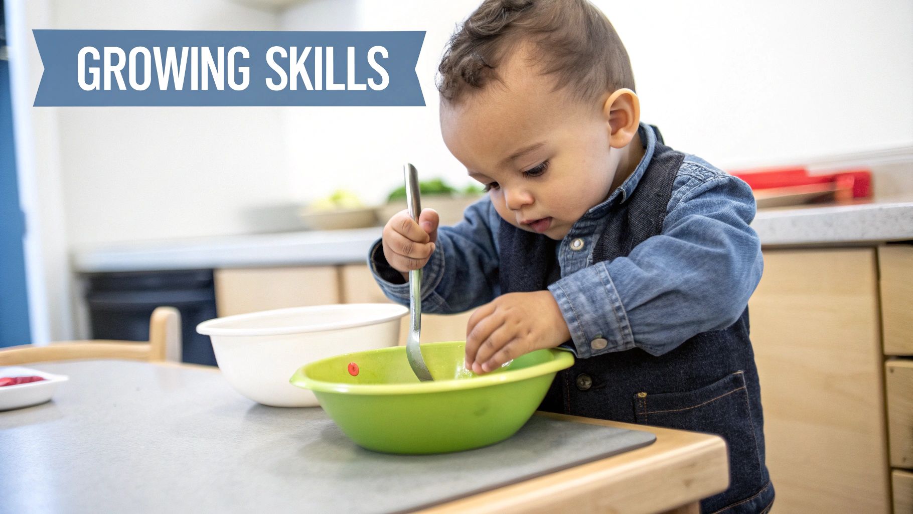 Toddler practicing fine motor skills with a spoon and bowl, learning to serve food.