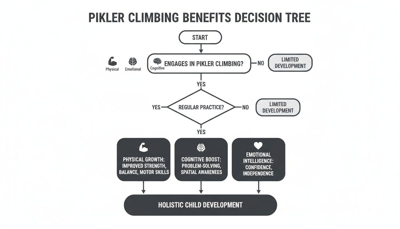 Decision tree illustrating the holistic child development benefits of Pikler climbing, including physical, cognitive, and emotional growth.