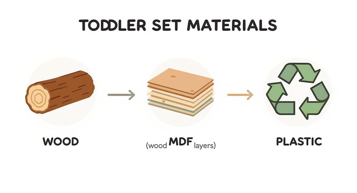 Infographic comparing the characteristics of Wood, MDF, and Plastic for toddler table chair sets.