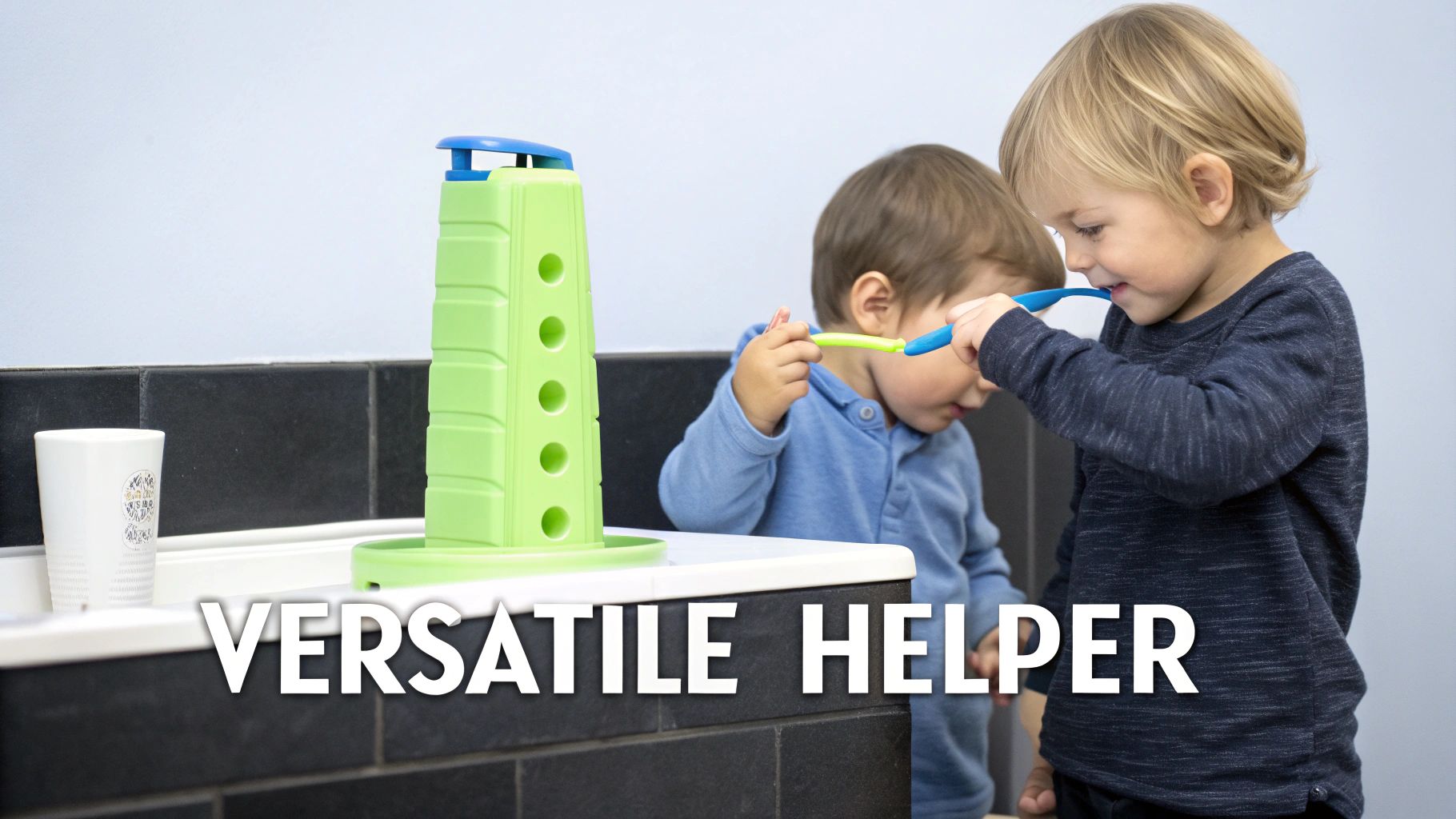 Two toddlers brush their teeth in a bathroom, standing near a green helper tower.