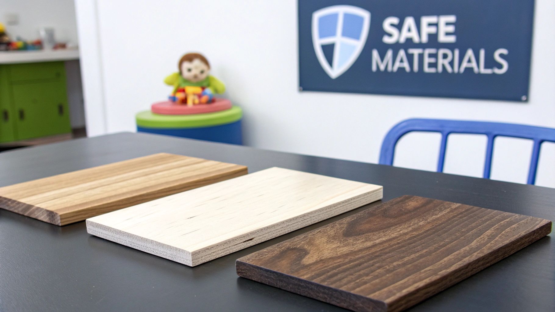 Three different wood material samples displayed on a dark table, with a 'SAFE MATERIALS' sign in the background.