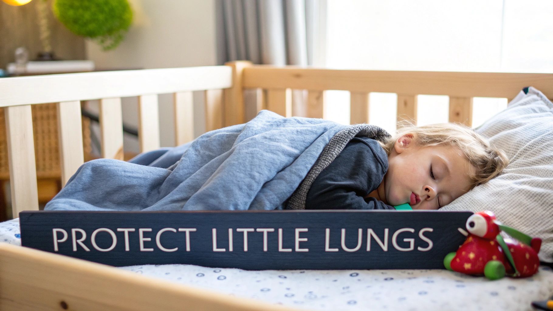 A young child sleeps peacefully in a crib next to a sign that reads 'PROTECT LITTLE LUNGS'.