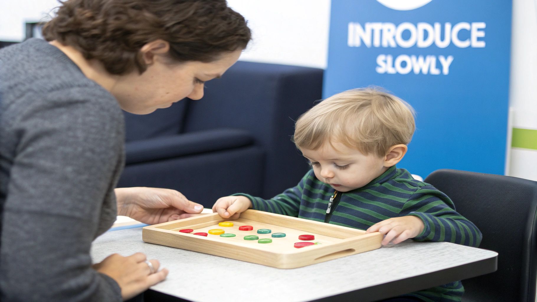 A young child engages with a wooden Montessori bead material on a small rug on the floor.