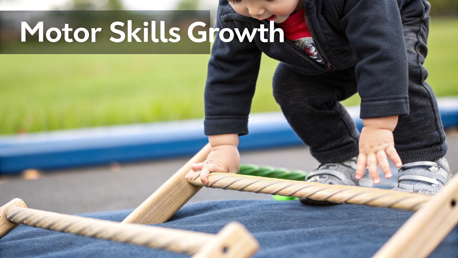 A young child grasps a wooden Pikler triangle, developing gross motor skills and balance.