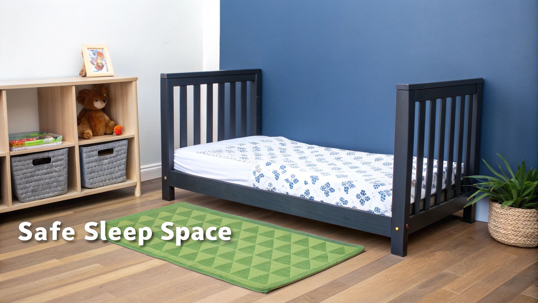 A toddler's safe sleep space featuring a dark grey floor bed with a blue and white duvet, wooden shelves filled with toys and baskets, and a green patterned rug on a wooden floor.