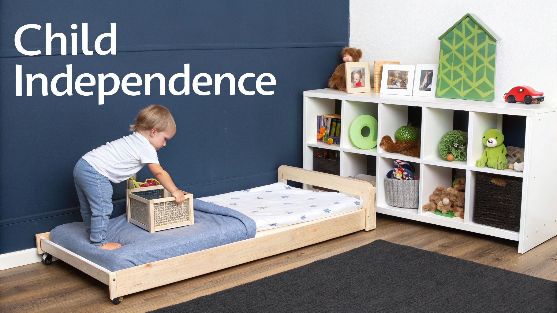 A toddler stands on a low Montessori toddler bed, reaching into a basket of toys, promoting child independence.