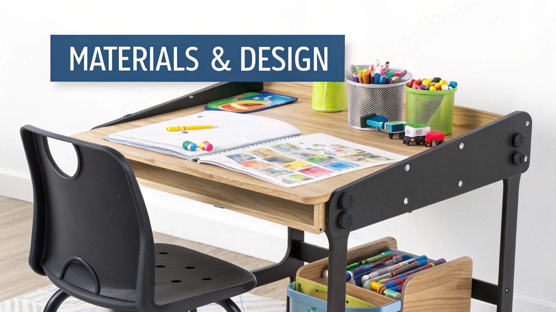A toddler's wooden art desk with a roll of paper and colorful supplies.