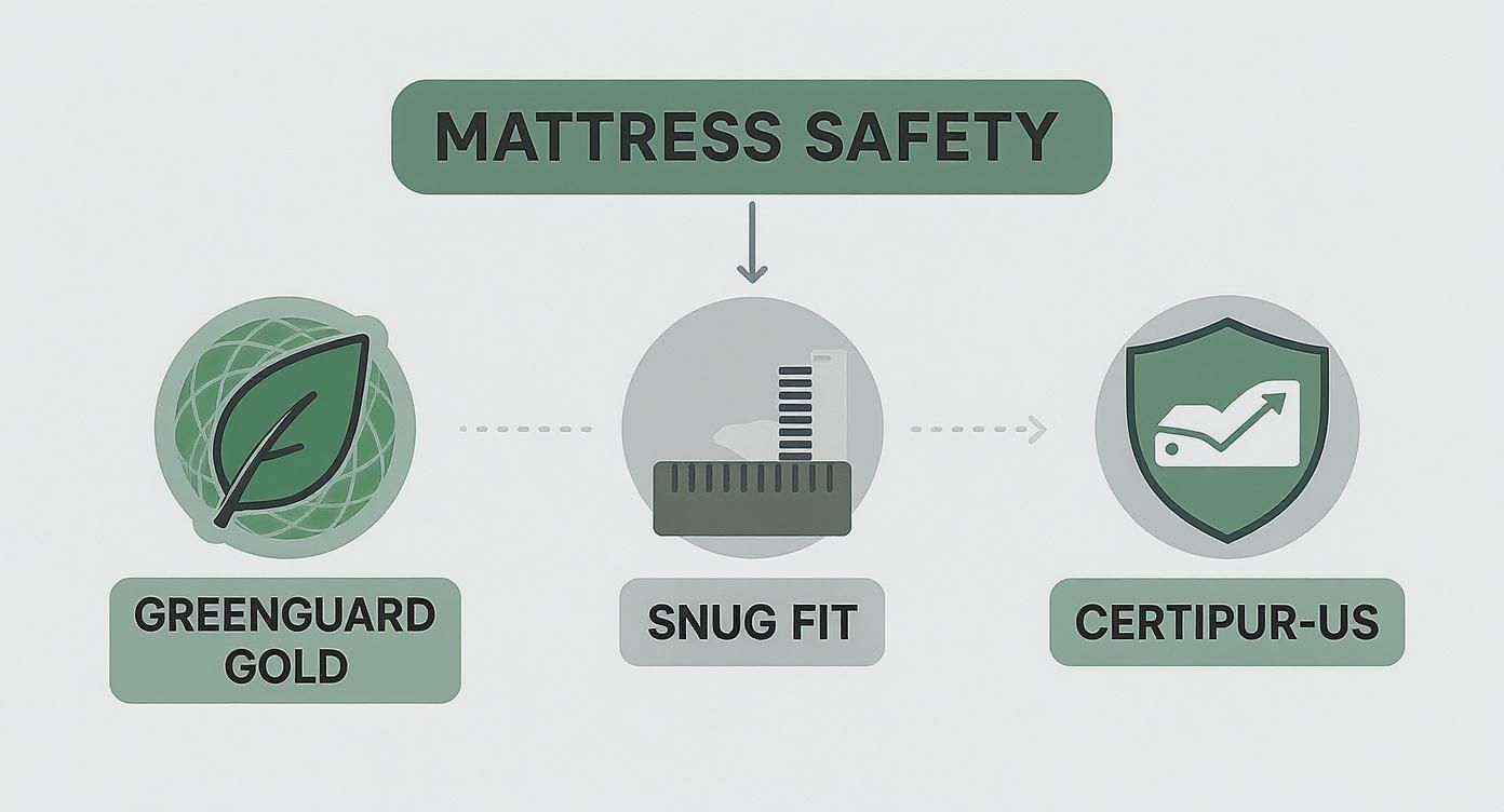 Infographic showing key mattress safety certifications like GREENGUARD Gold, Snug Fit, and CertiPUR-US.