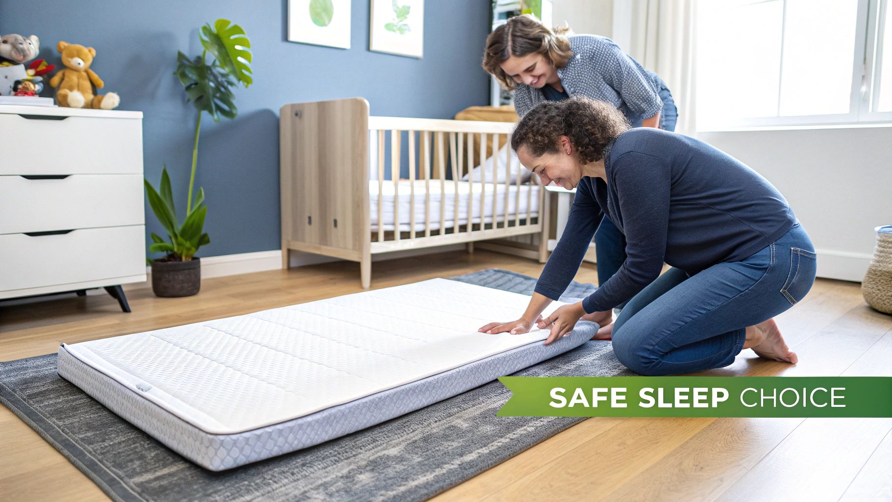 A cozy child's room featuring a floor bed with a comfortable mattress, surrounded by soft lighting and toys.