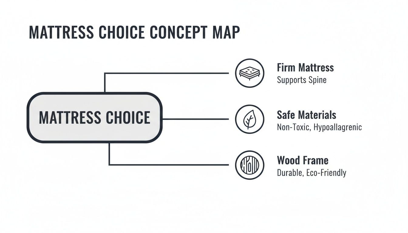 Concept map outlining essential considerations for mattress choice: firmness, safe materials, and wood frame.