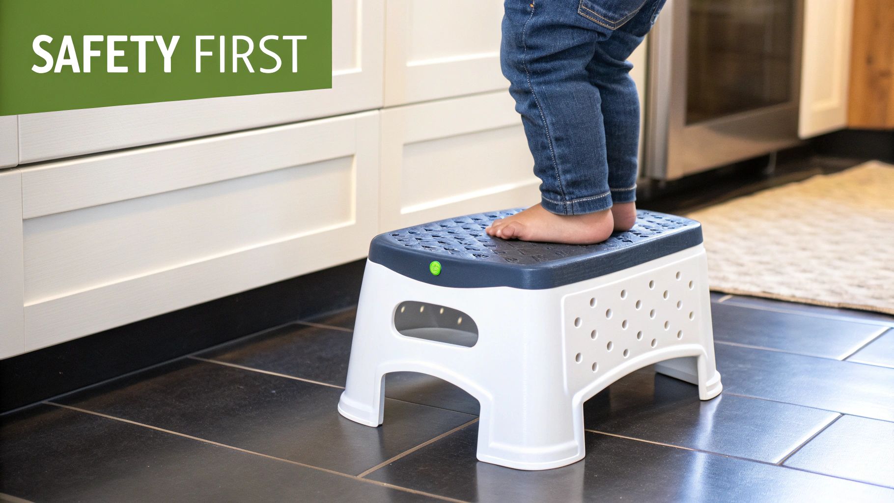 A young child's bare feet stand on a white and blue step stool in a kitchen, promoting safety.