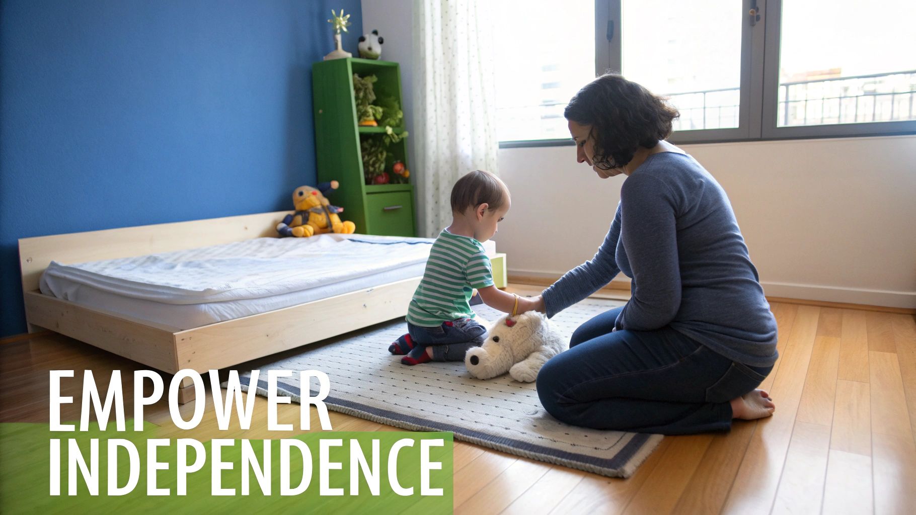 A woman and toddler play with a stuffed animal on a rug in a brightly lit child's bedroom.