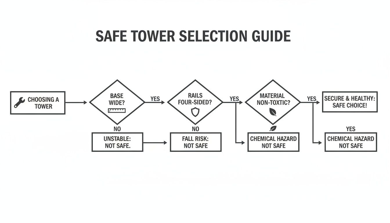 A flowchart titled 'Safe Tower Selection Guide' outlines steps to choose a safe tower based on stability, rail design, and non-toxic materials.