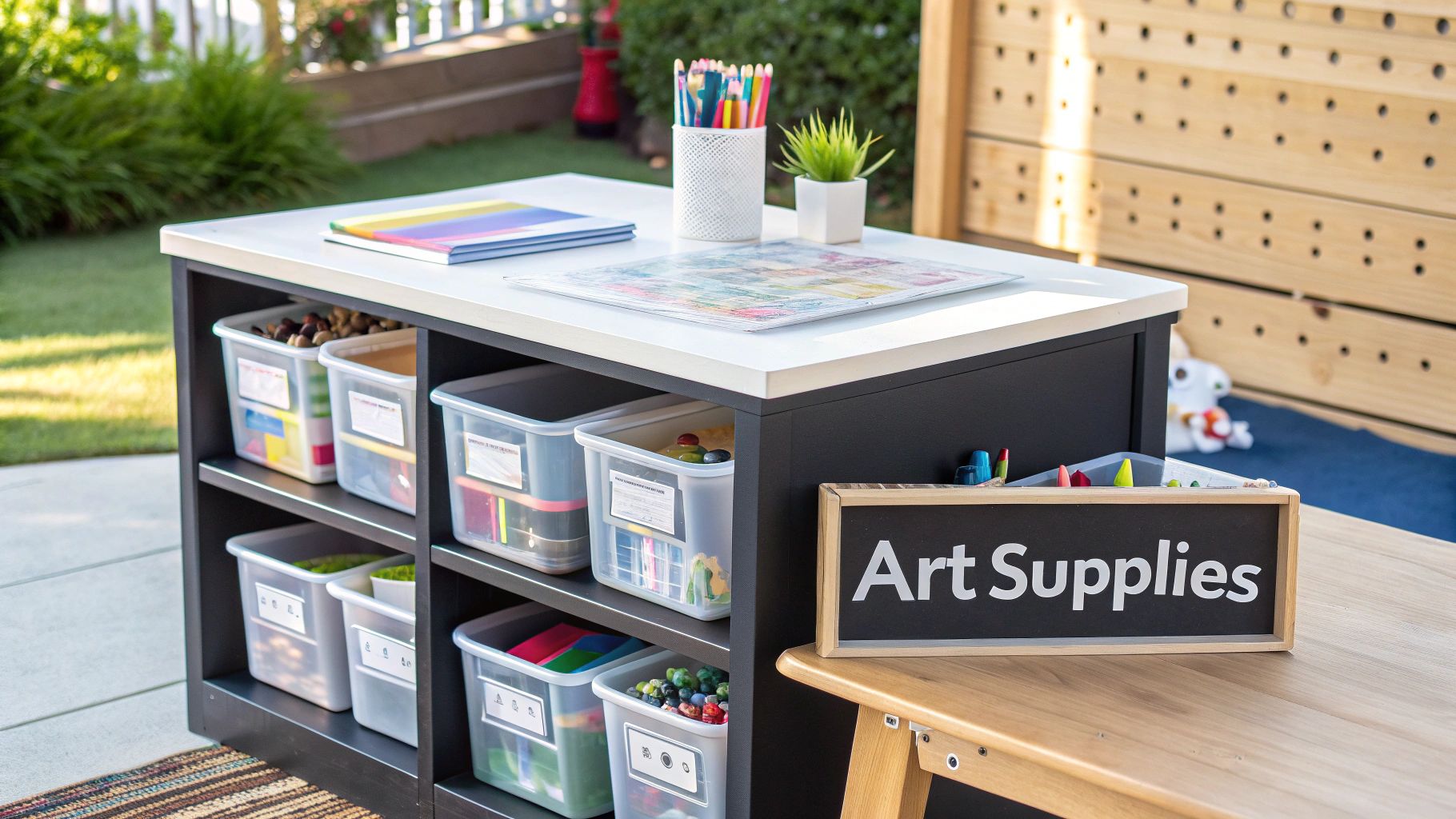 Outdoor arts and crafts table with clear bins of art supplies and colorful pencils on top.