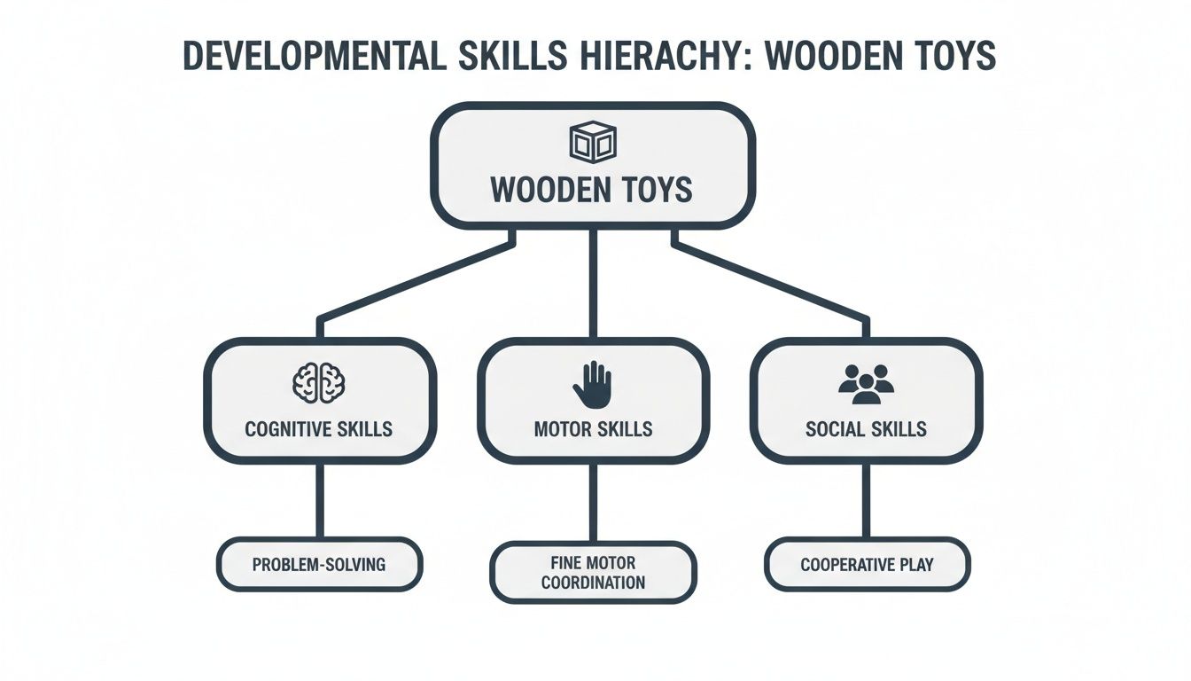 A hierarchy chart illustrates how wooden toys support child development across cognitive, motor, and social skills.