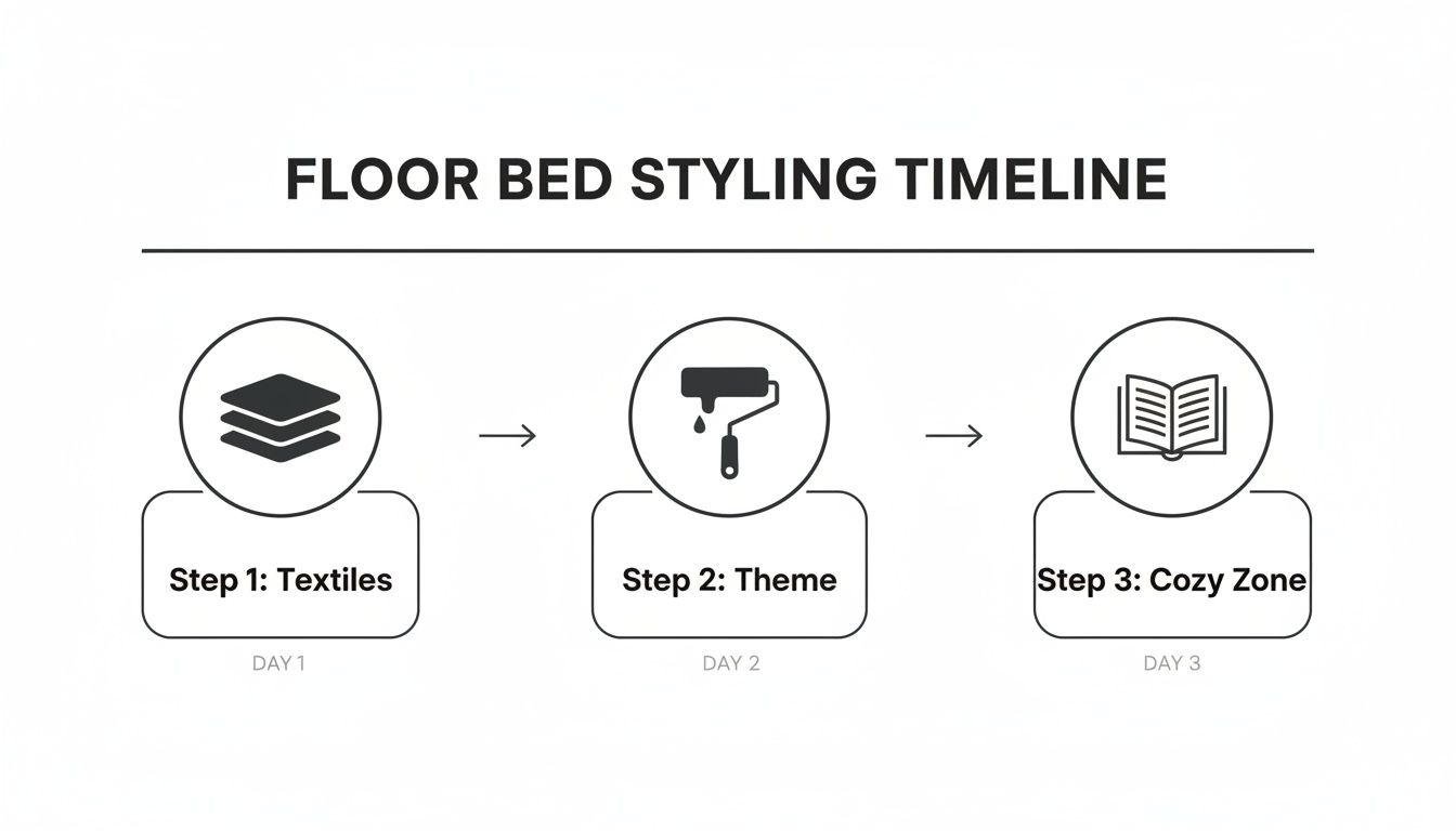 Floor bed styling timeline showing three steps: textiles, theme, and creating a cozy zone over three days.