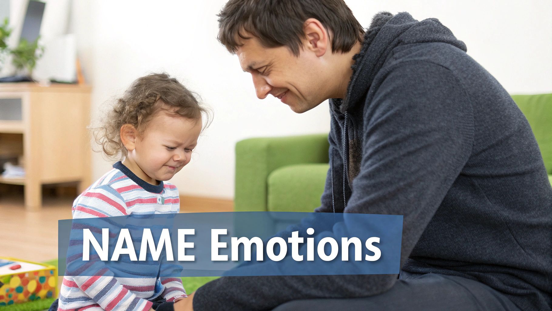 A parent and child looking at a book together, with a thoughtful and curious expression on the child's face.