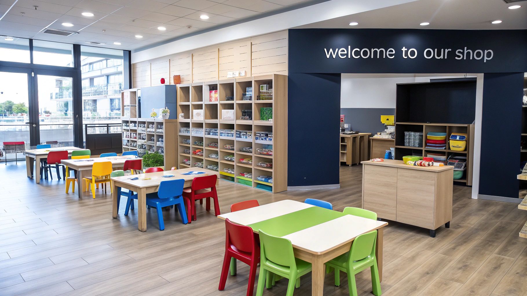 A brightly lit children's room with a wooden bed, a small table with chairs, and colorful toys on shelves