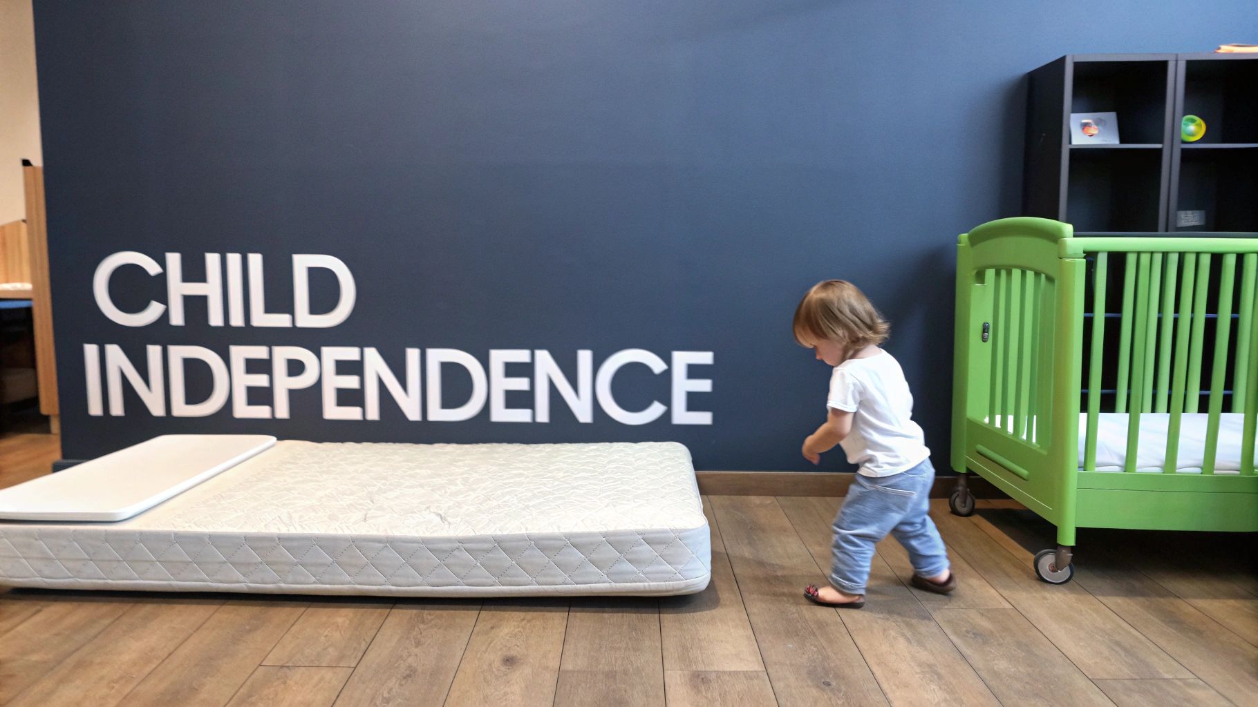 A toddler walks past a thin floor mattress and a green crib, advocating child independence.