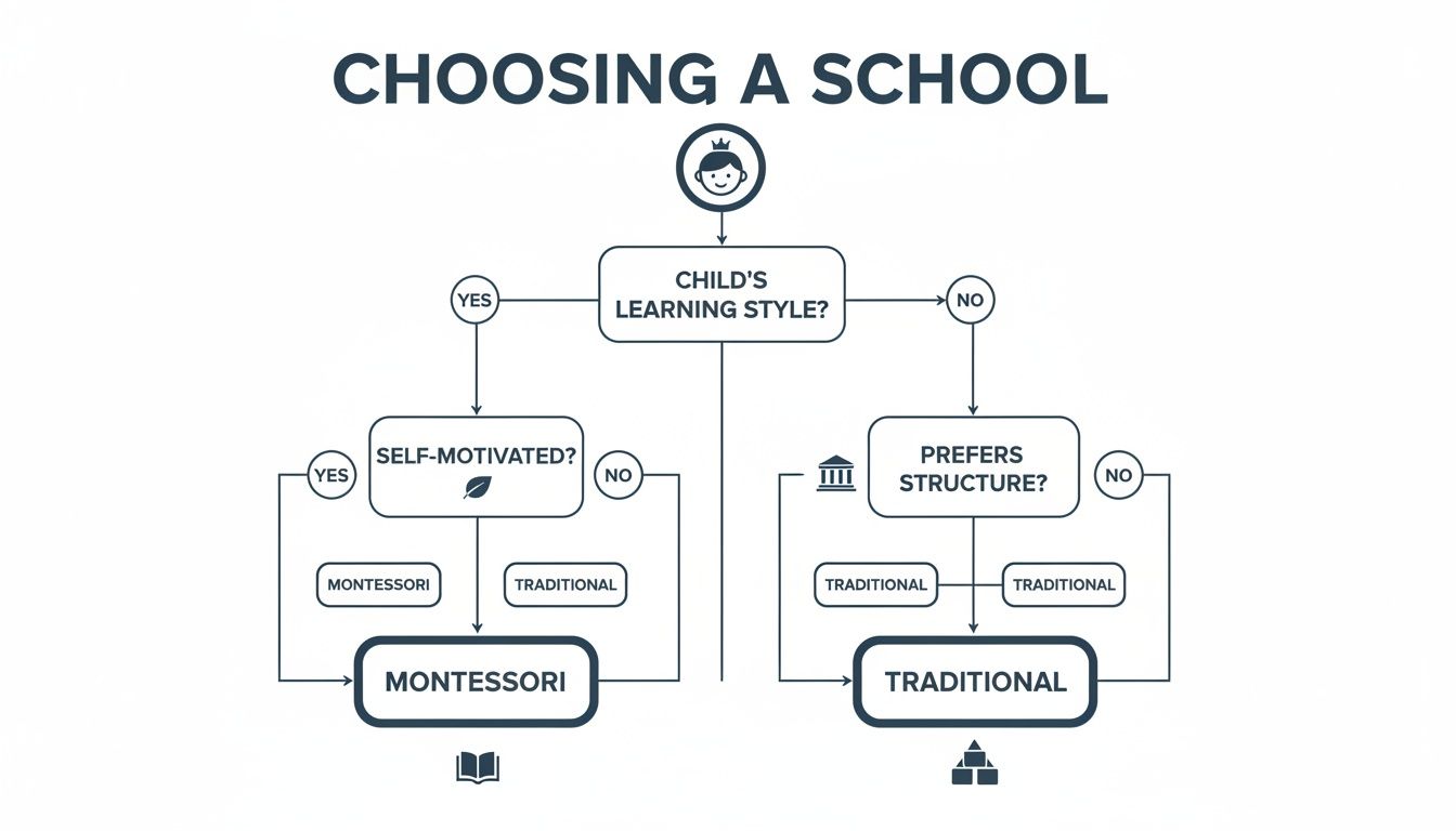 A flowchart guiding school choice between Montessori and Traditional based on a child's learning style.