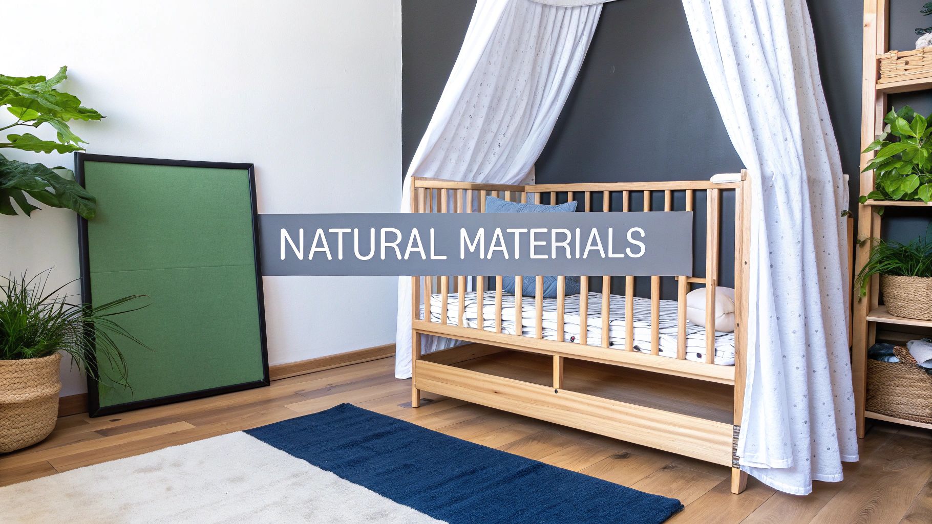 A natural wood baby crib with a white canopy, blue pillow, and striped bedding in a modern nursery room.