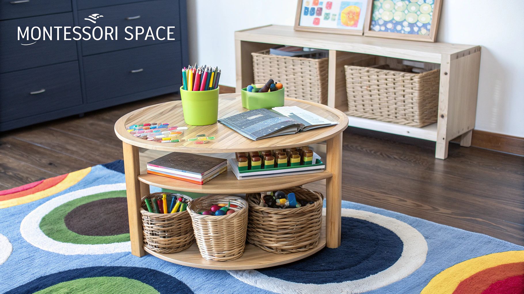 A toddler happily drawing at their wooden table in a well-lit, organized room