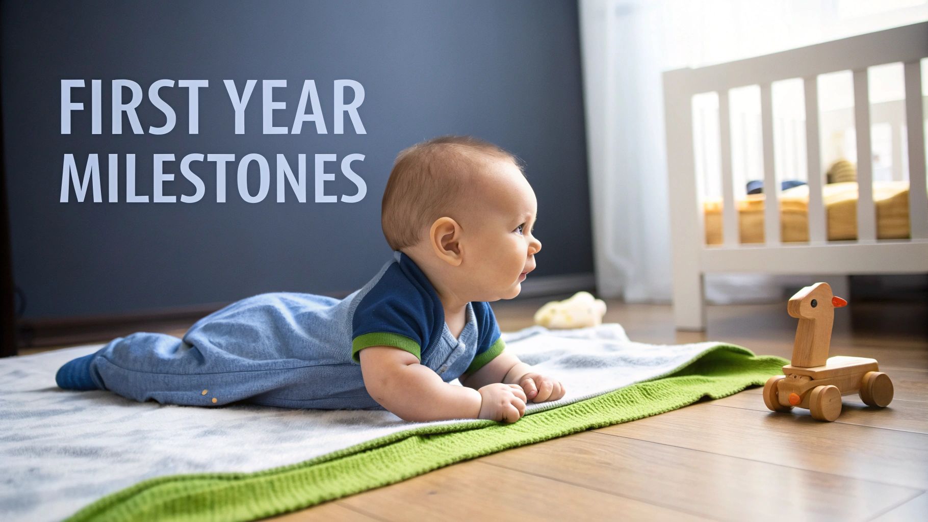 A happy baby lying on their stomach during tummy time, lifting their head and smiling.