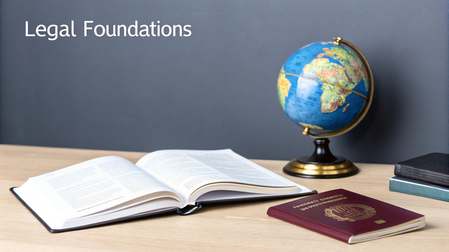 Desk with an open book, a globe, and a passport, under the text "Legal Foundations".