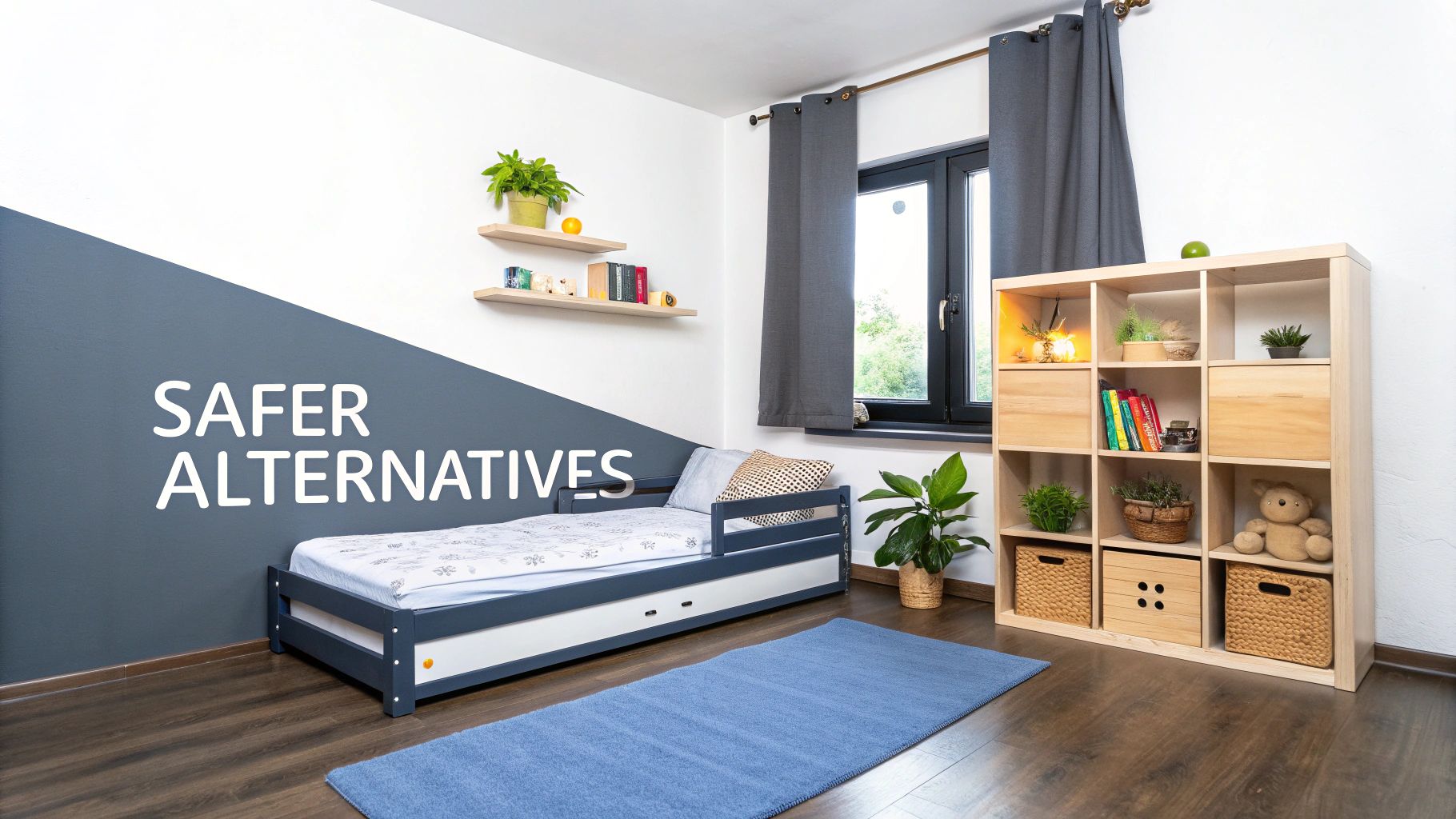 A child's bedroom with a safe, low toddler bed, a wooden bookshelf, and floating shelves.