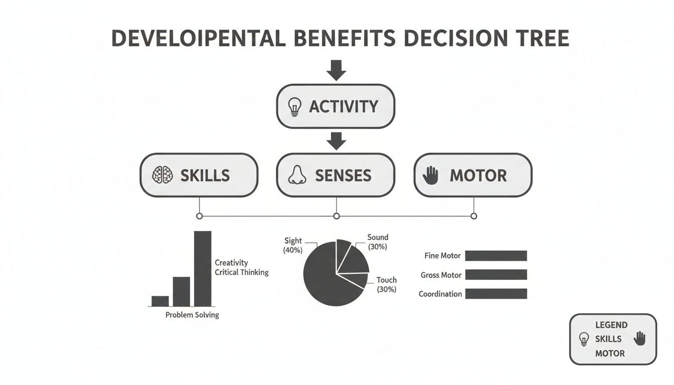 A developmental benefits decision tree showing activity leading to skills, senses, and motor functions with charts.