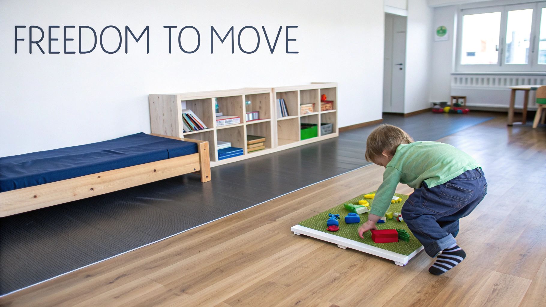 A toddler plays on a mat in a bright playroom with a low wooden bed and shelves.
