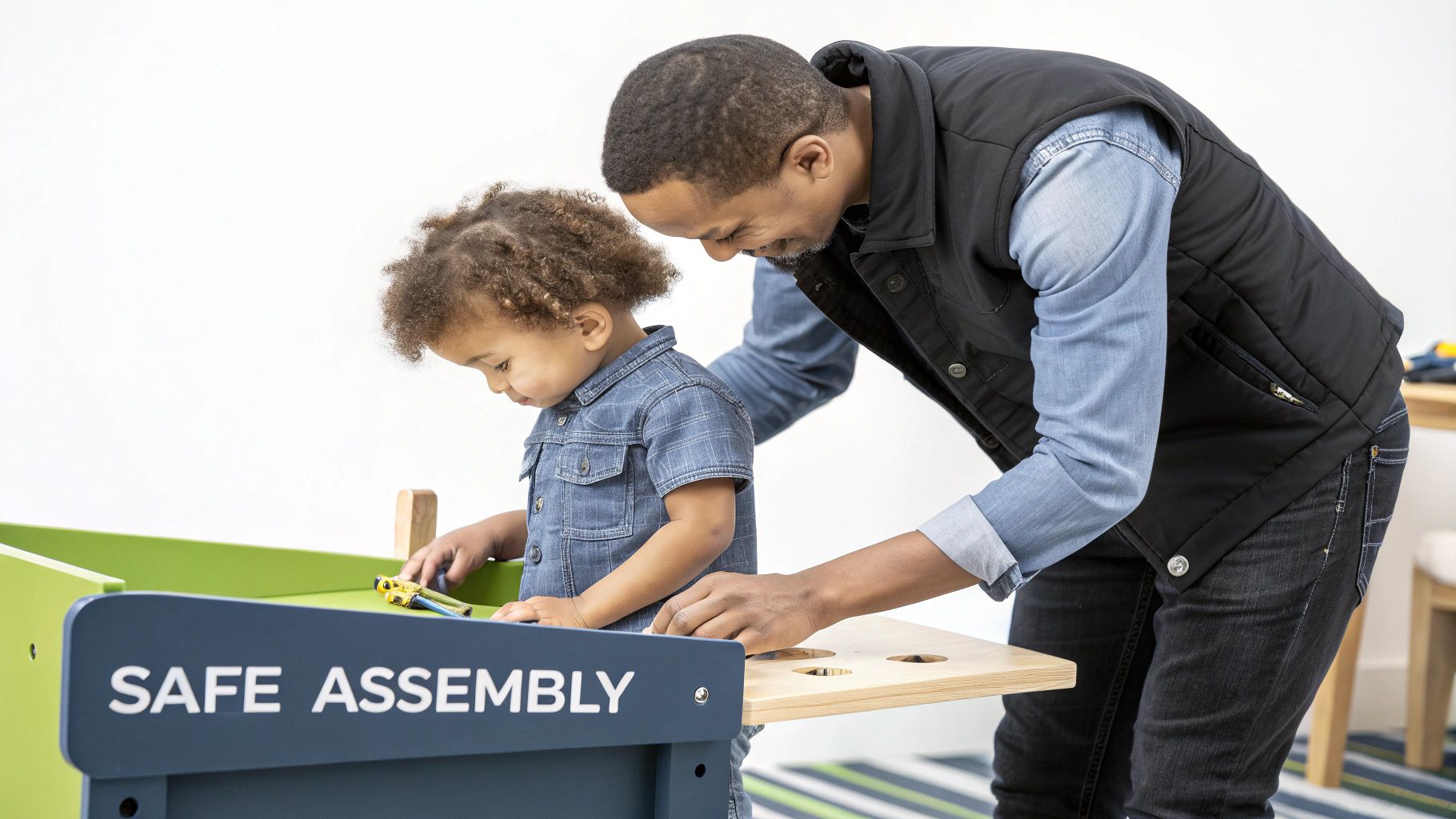 A parent and toddler are assembling a small wooden art desk together on a living room floor.