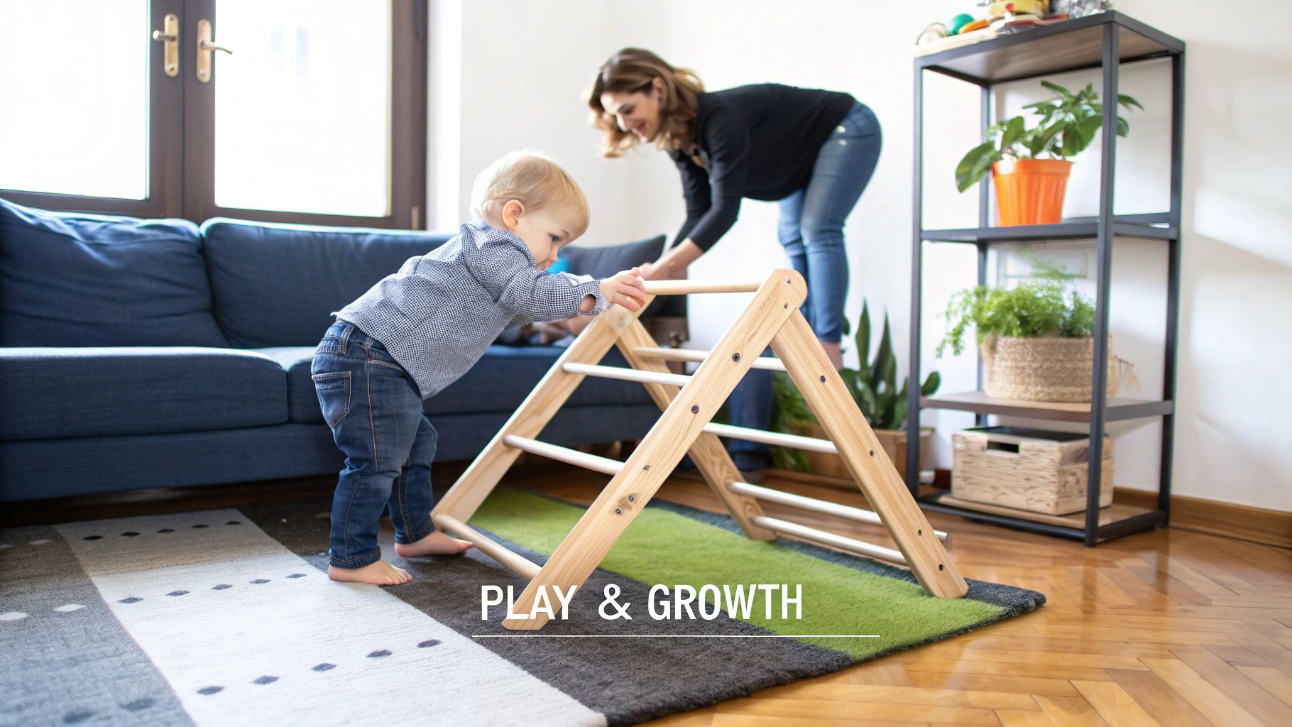 Happy toddler climbing a wooden Pikler triangle with adult supervision, promoting play and growth.