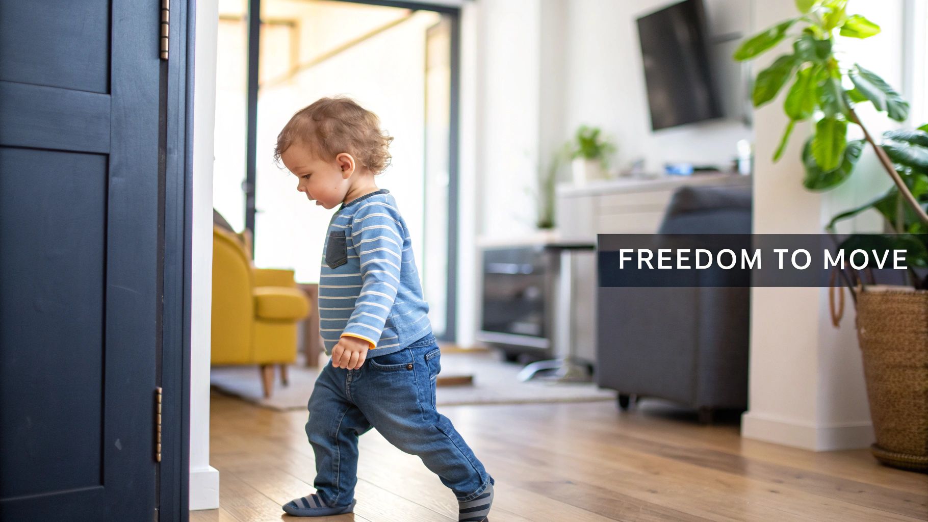 An adorable toddler in a blue striped shirt and jeans, walking freely on a wooden floor at home.