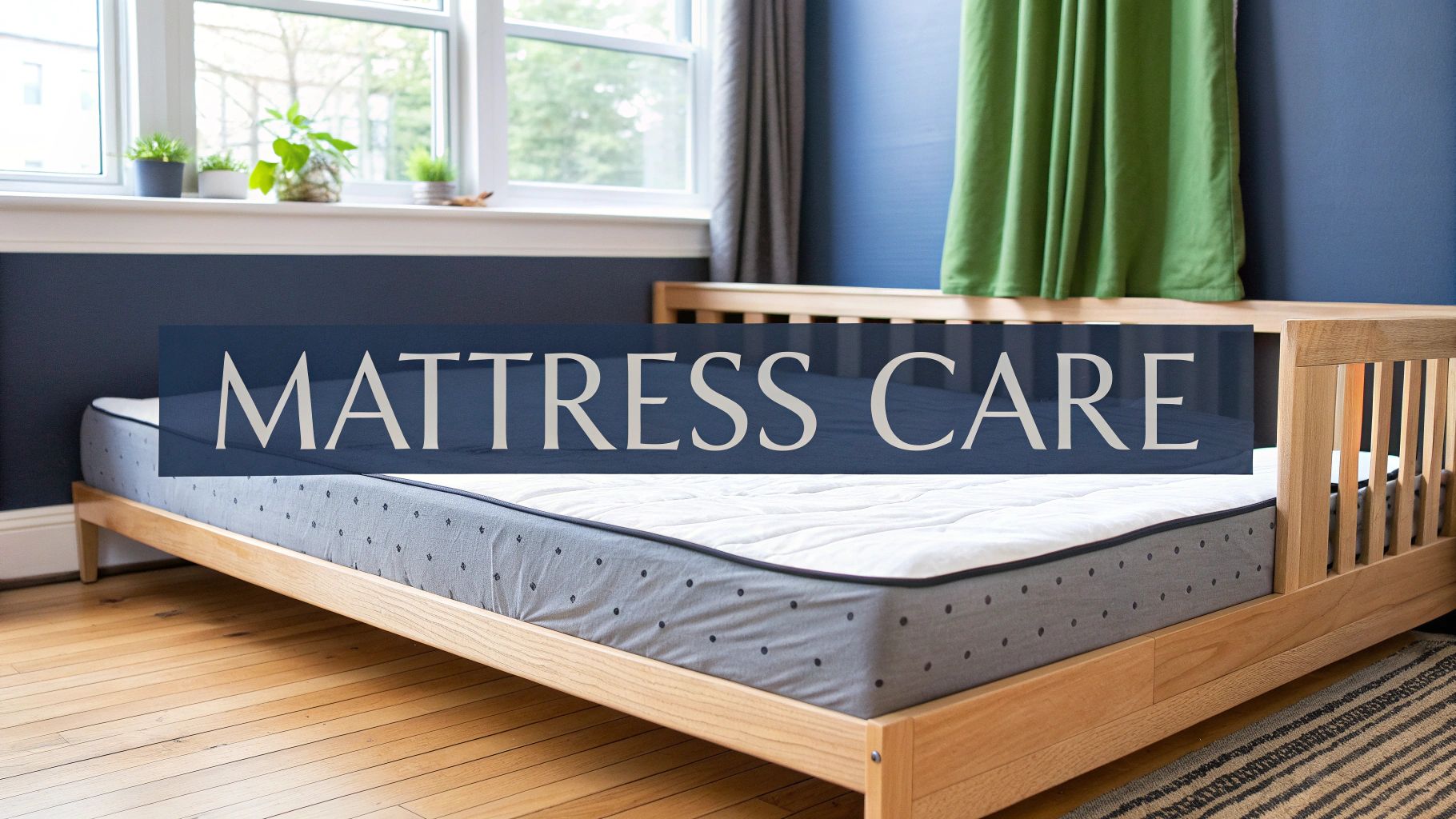 A mattress on a light wooden Montessori floor bed frame in a room with a blue wall and window. The text "MATTRESS CARE" is overlaid.