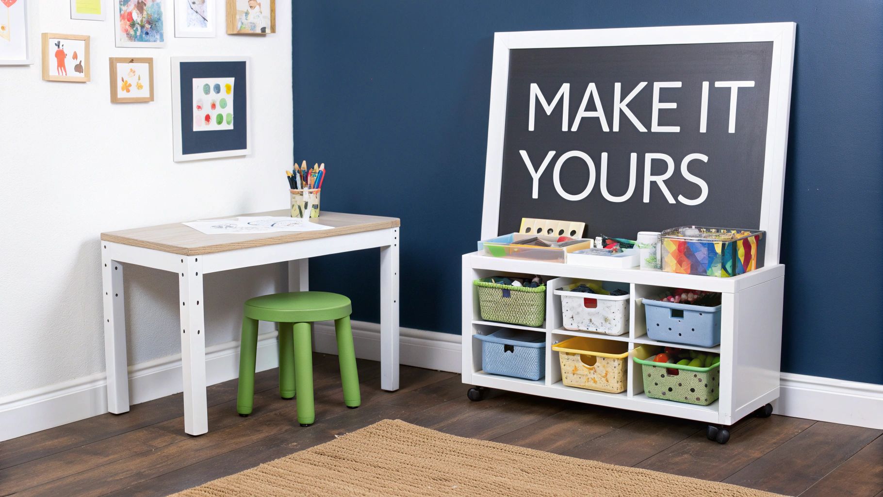 A bright room with a kids' art table, green stool, and a craft storage unit with a chalkboard.