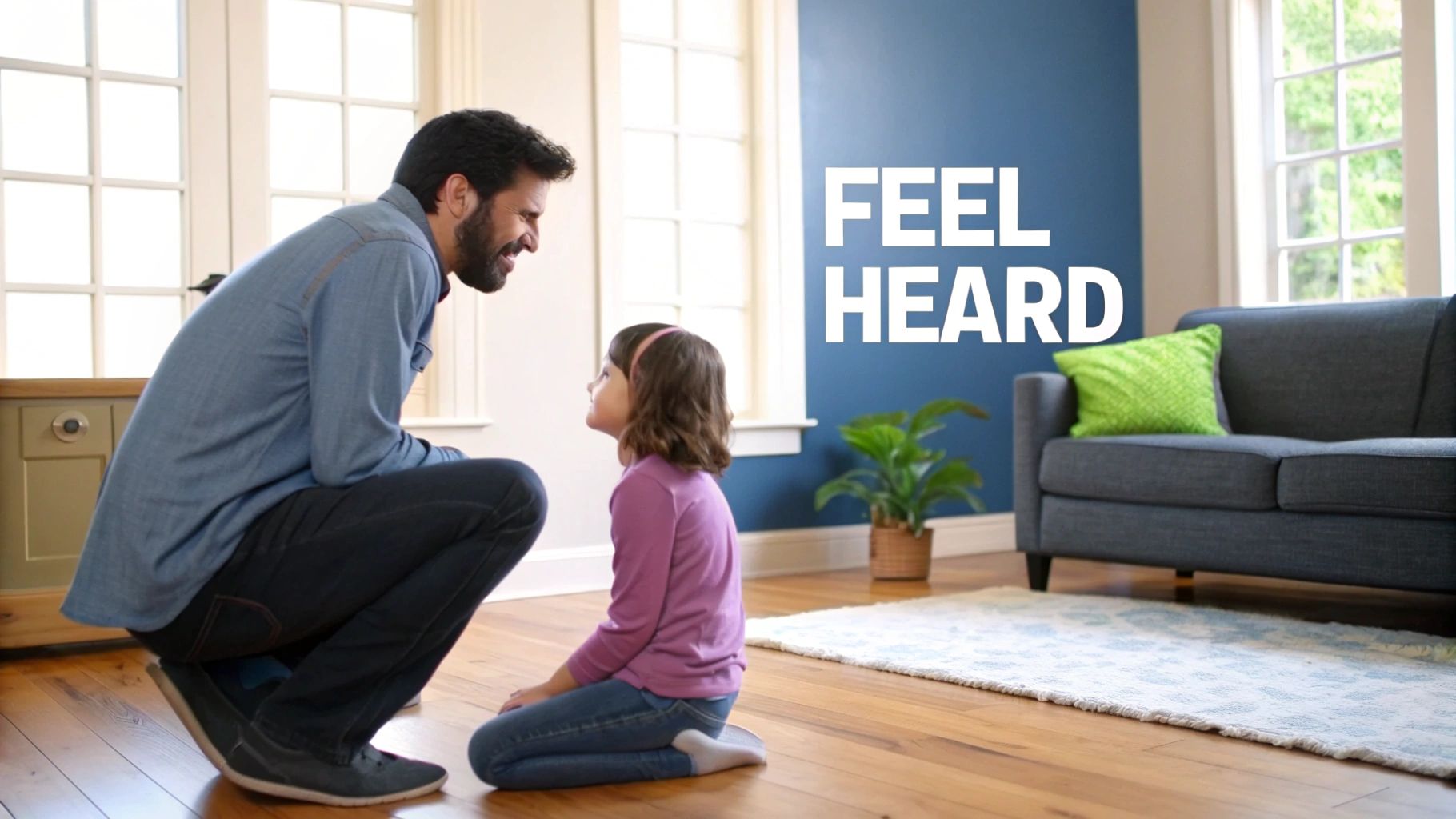 Two parents talking calmly with their child on a sofa, creating an atmosphere of emotional safety.