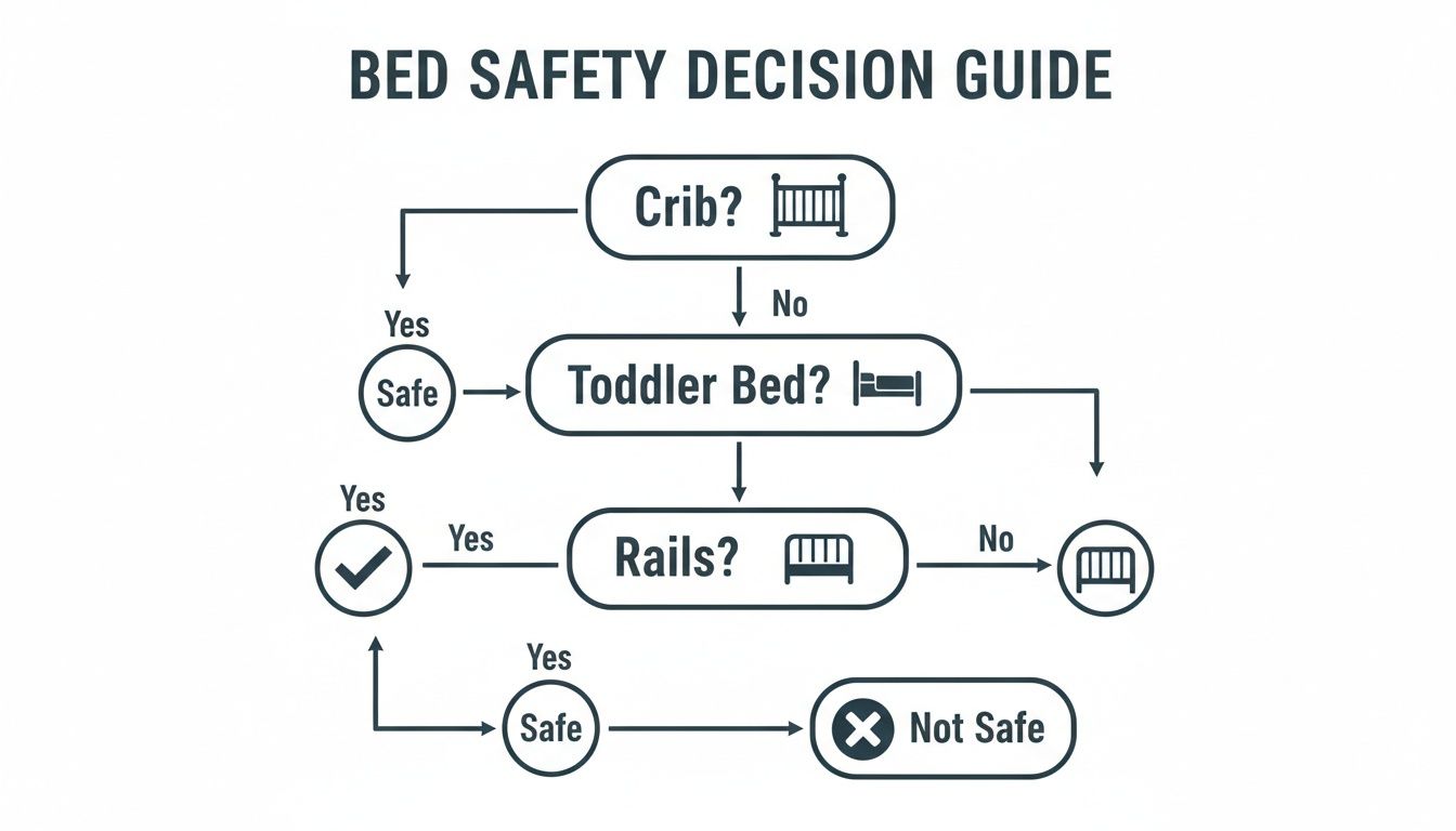 Flowchart for bed safety decision guide, determining if a crib, toddler bed, or bed with rails is safe.