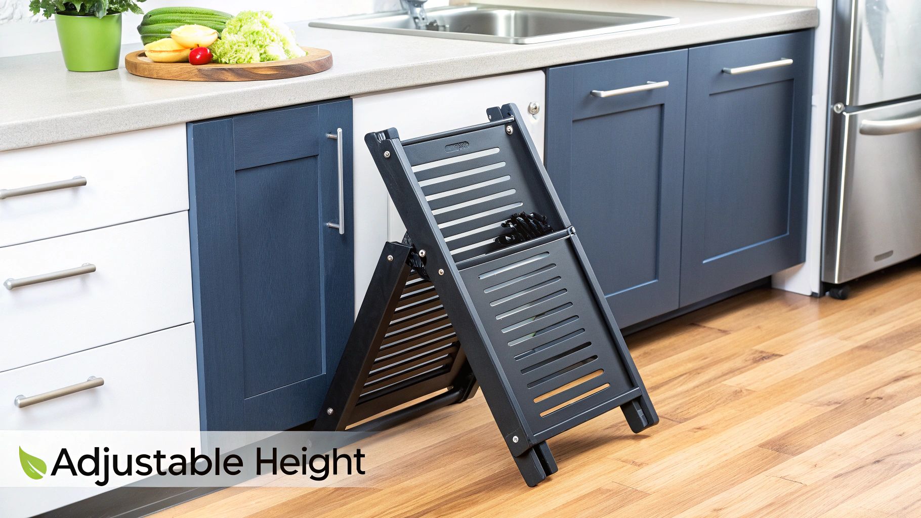 A black, folding, adjustable height step stool in a modern kitchen with wooden floors.