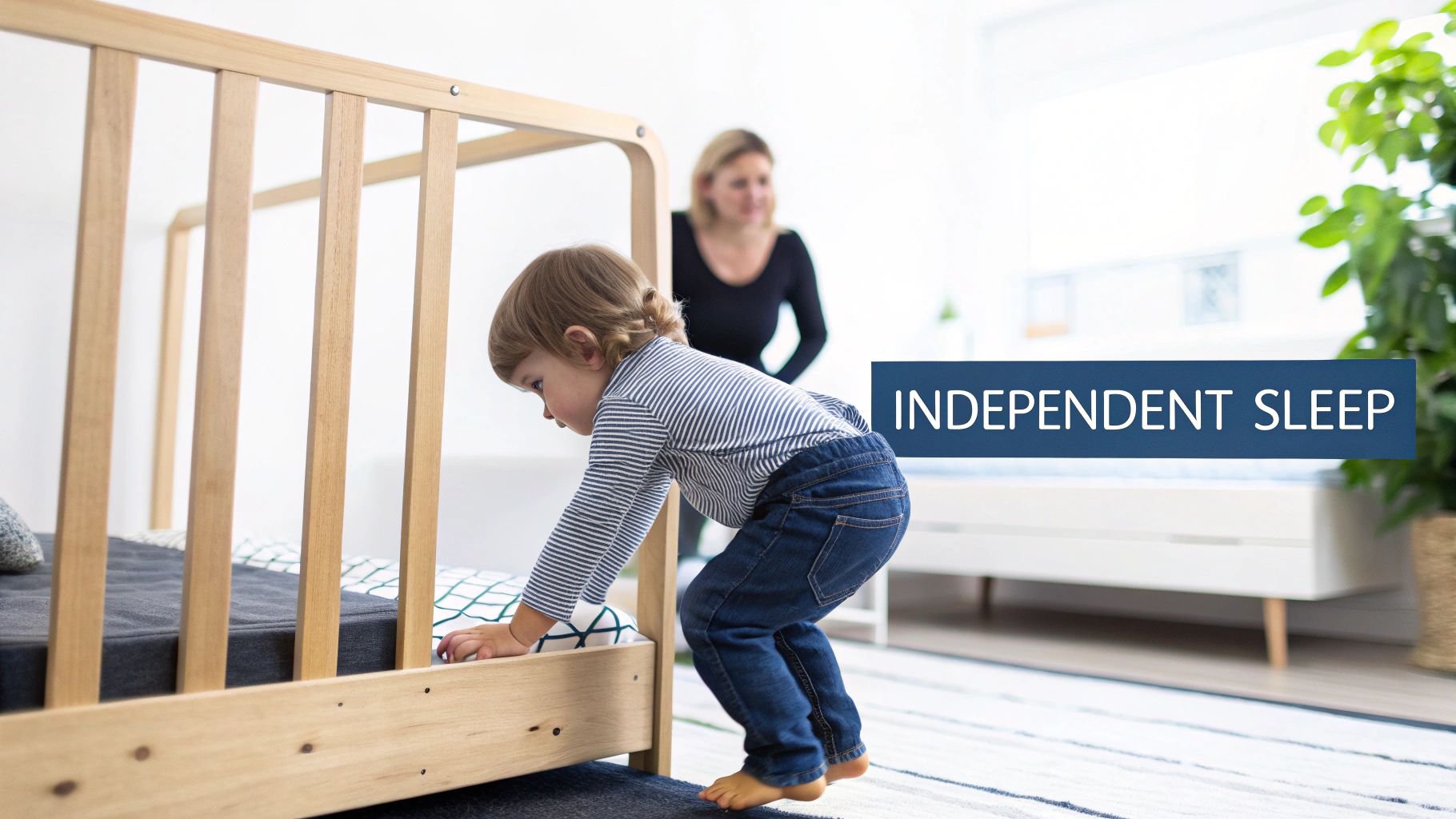 Toddler on Montessori floor bed